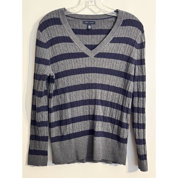 Tommy Hilfiger V-Neck Sweater Gray and Navy Blue Sz XL Preppy Academia Old Money - Picture 1 of 6